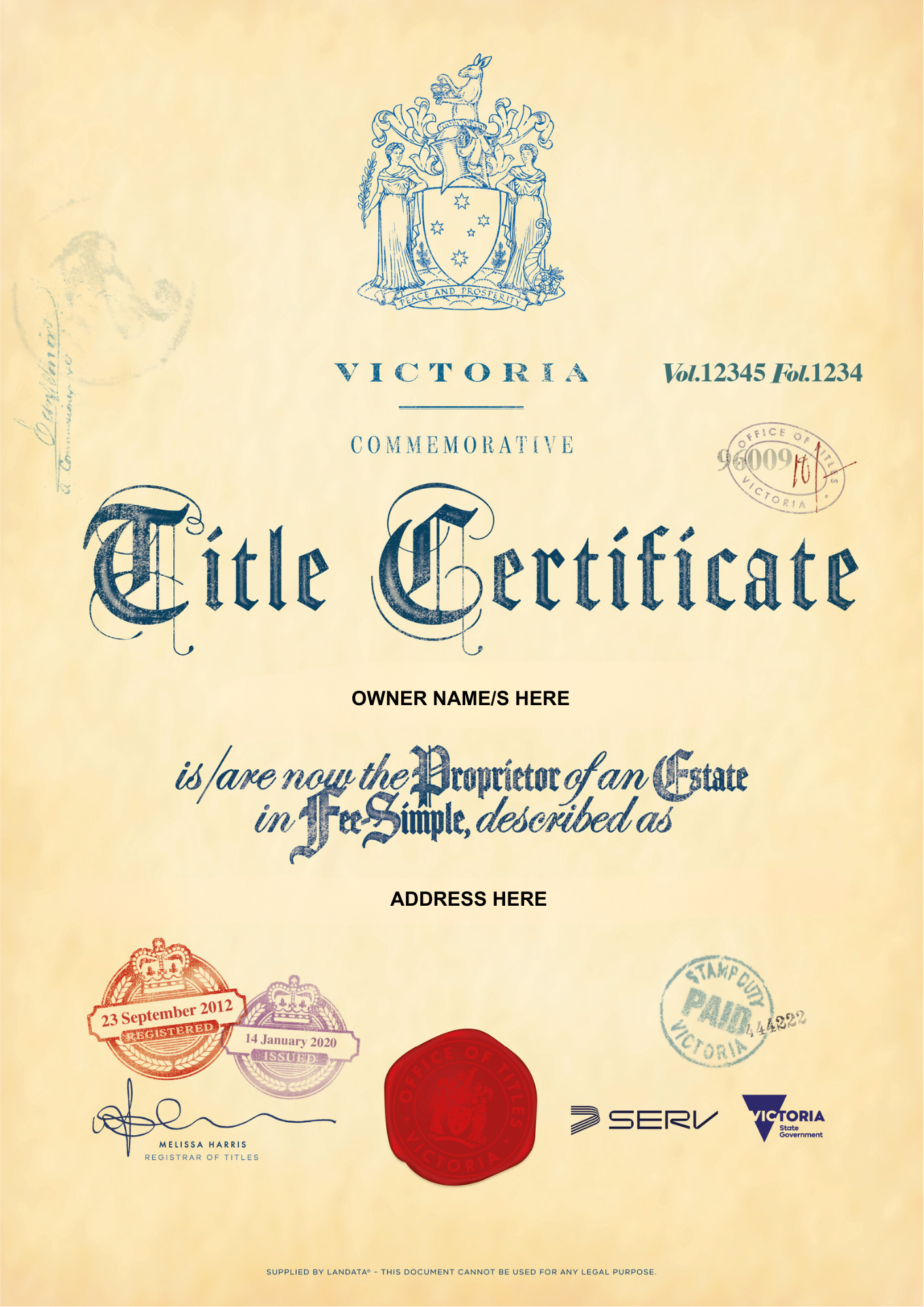 CT unframed (No name or address) Commemorative Title personalised keepsake replica of Land Title - unframed